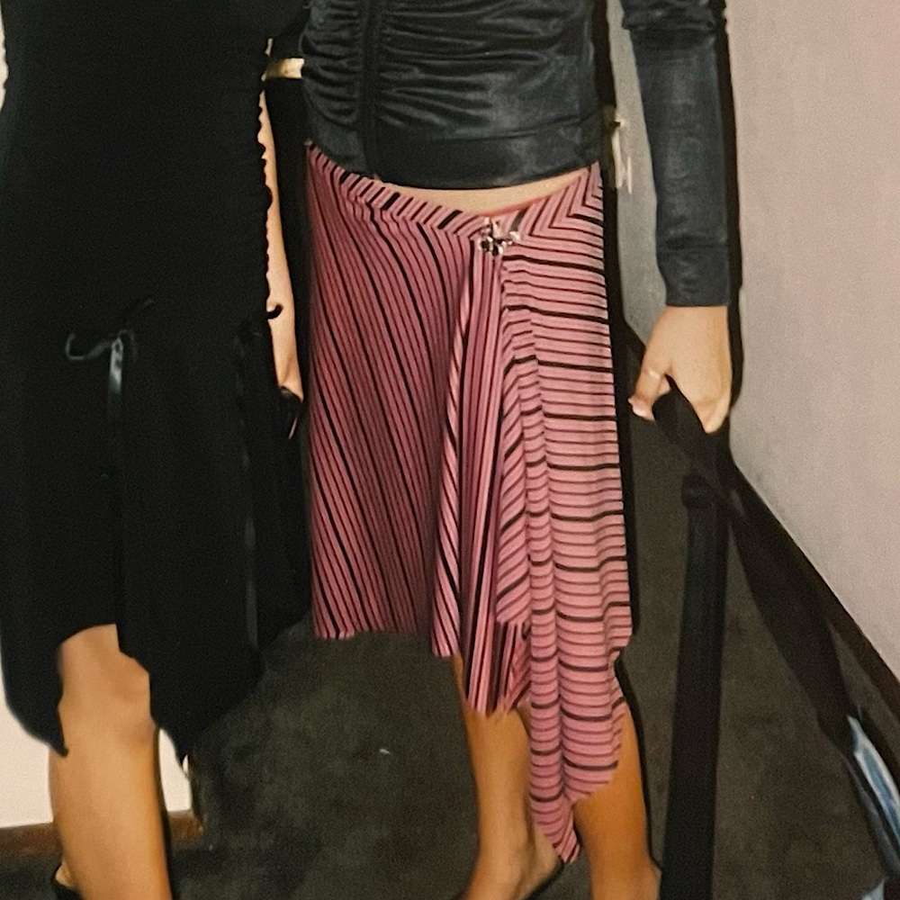 *ISO* pink and black striped skirt with butterfly brooch circa 2004